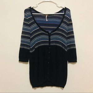 FREE PEOPLE Black Button Down Cardigan Blue Stripe